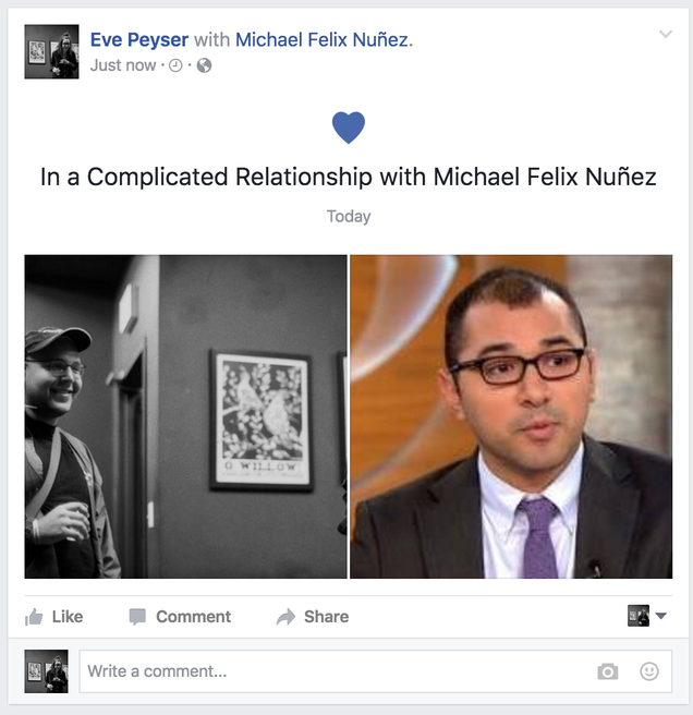 It cropped my face out of my profile picture so it sort of looks like my friend Eric is in a relationship with Mike. I wish them the best.
